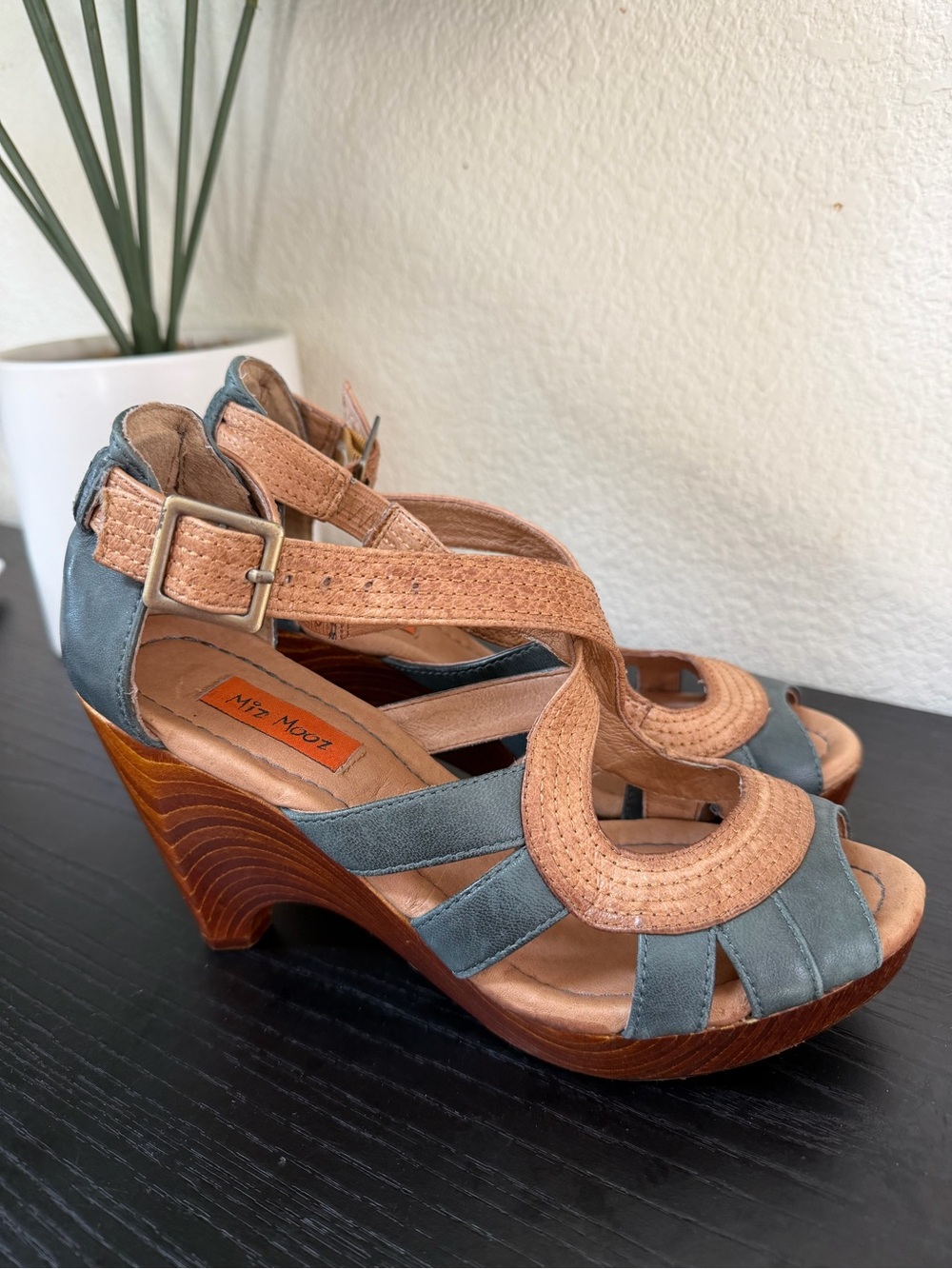 Miz Mooz Blue and Tan Leather Wedge Sandals with Wood Heel 6
